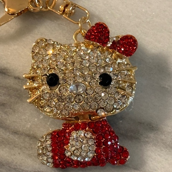 Sanrio Hello Kitty Keyring/Bag Charm Sparkling Rhinestones Golden Tone Red - Picture 7 of 8